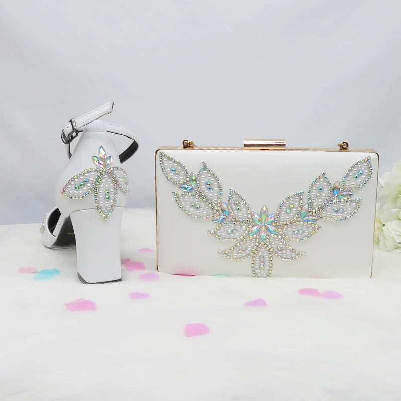 BaoYaFang White Beads Pearl wedding shoes Bride Pointed Toe Square Thick High Heel Party dress shoes and bag set Ankle Strap