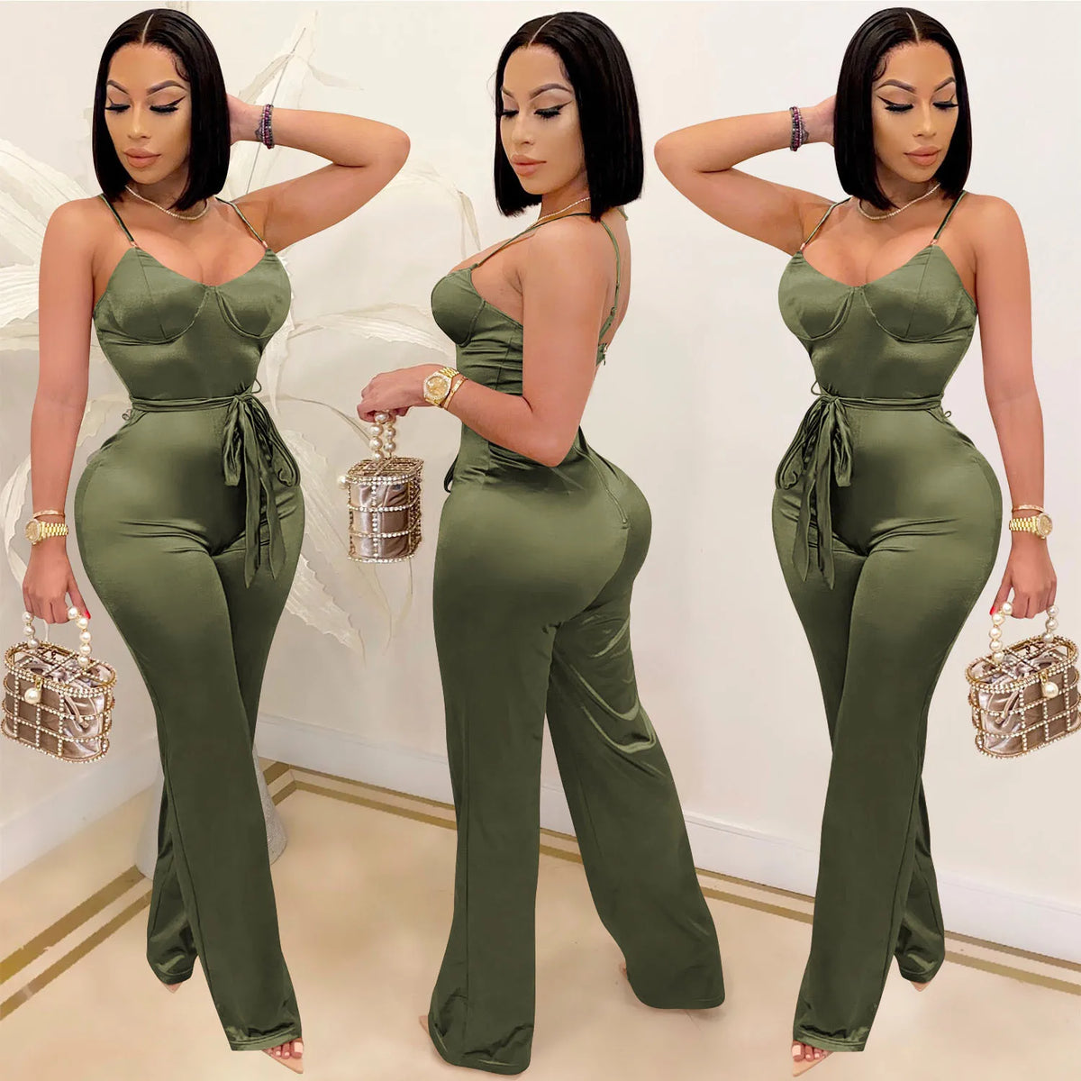 New Women Spaghetti Strap Sleeveless Straight Jumpsuit Women Sexy Club Open Back High Waist Rompers One Piece Overalls
