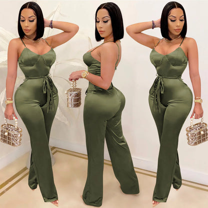 New Women Spaghetti Strap Sleeveless Straight Jumpsuit Women Sexy Club Open Back High Waist Rompers One Piece Overalls
