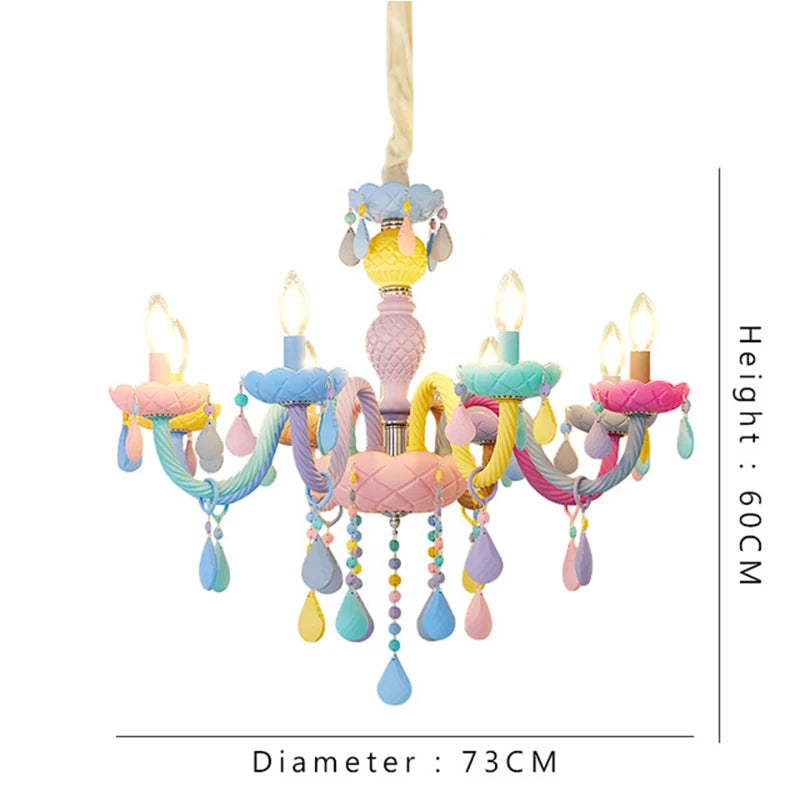 Rainbow Crystal Chandelier European Candle Lustres Bedroom Children's Room American LED E14 8 Lights Princess Makaron Kid Lamps
