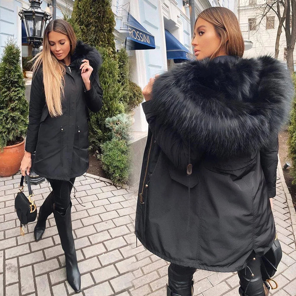 Maomaokong 2026 New Natural Fur Lining Real Fur Coat Winter Jacket Women Raccoon Fur Collar Warm Thick Parkas Female Clothing