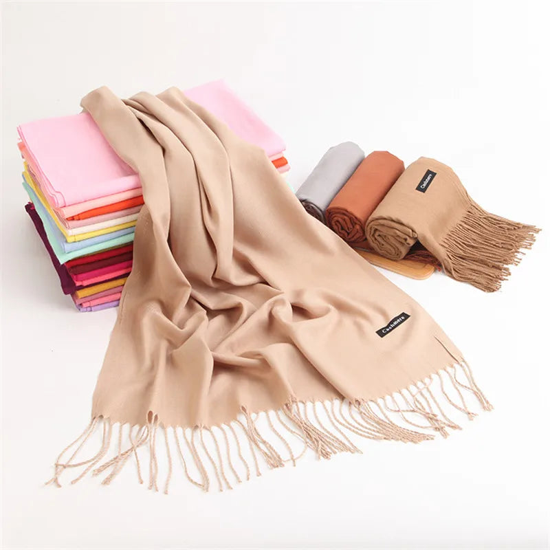 Fashion Solid Color 2023 Women Scarf Winter Hijabs Tessale Tassels Long Lady Shawls Cashmere Like Pashmina Hijabs Scarves Wraps