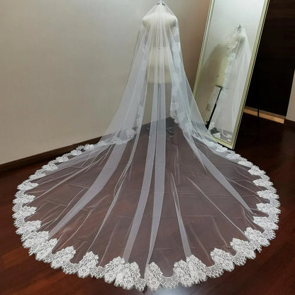 Customized Mantilla Wedding Veil with Eyelash Lace, 2.5m/3m/3.5m/4m Single Tier Long Ivory Bridal Veil with Hidden Comb