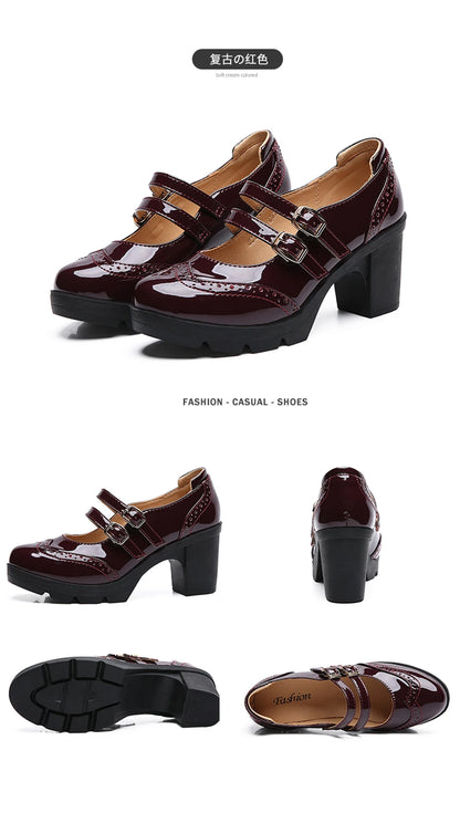 EOFK Women Pumps Shoes Genuine Leather New Mary Jane High Heels Shinny Patent Woman Ladies Shoes Pumps Brogue High Square Heel