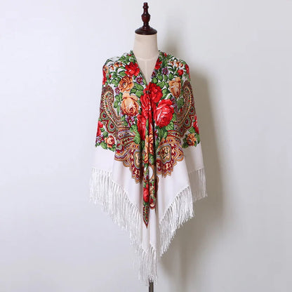 160cm Women Russian National babushka Scarf Lady Tassel Floral Print Cotton Headscarf Wraps Beach Travel Shade Shawls Bandana