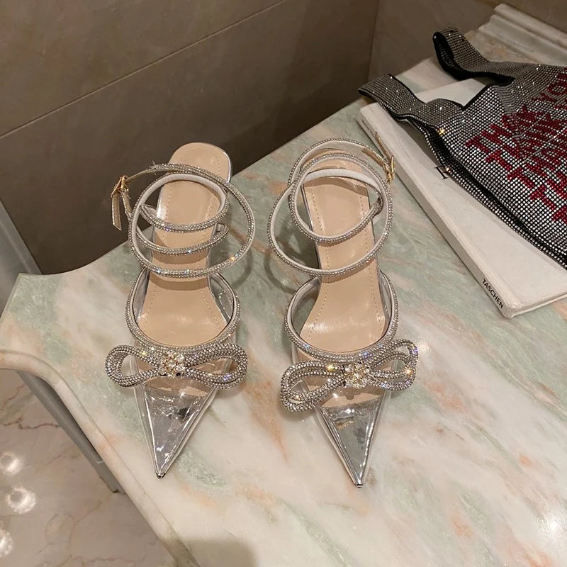 2026 New Fashion Glitter Rhinestones Women Pumps Crystal Bowknot Silk Pointed Toe Buckle Strap Thin High Heels Party Prom Shoes