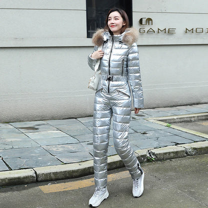 One Piece Ski Suit Women Jackets Winter Hooded Parka Jumpsuit Women Cotton Bodysuit Sashes Jumpsuits Zipper Overalls Tracksuits