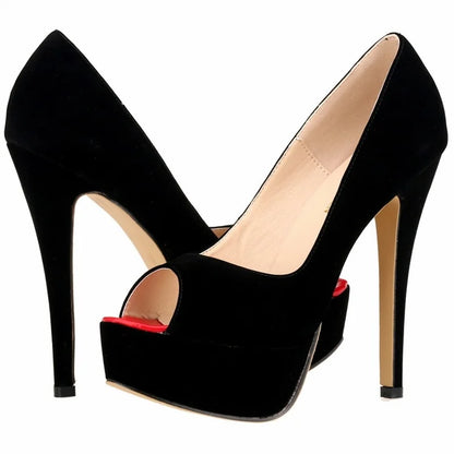 2026 Women Pumps New Fashion 14cm Sexy Peep Toe High Heels Velvet Platform Thin Heel Lady Party Dance Red Wedding Woman Shoes