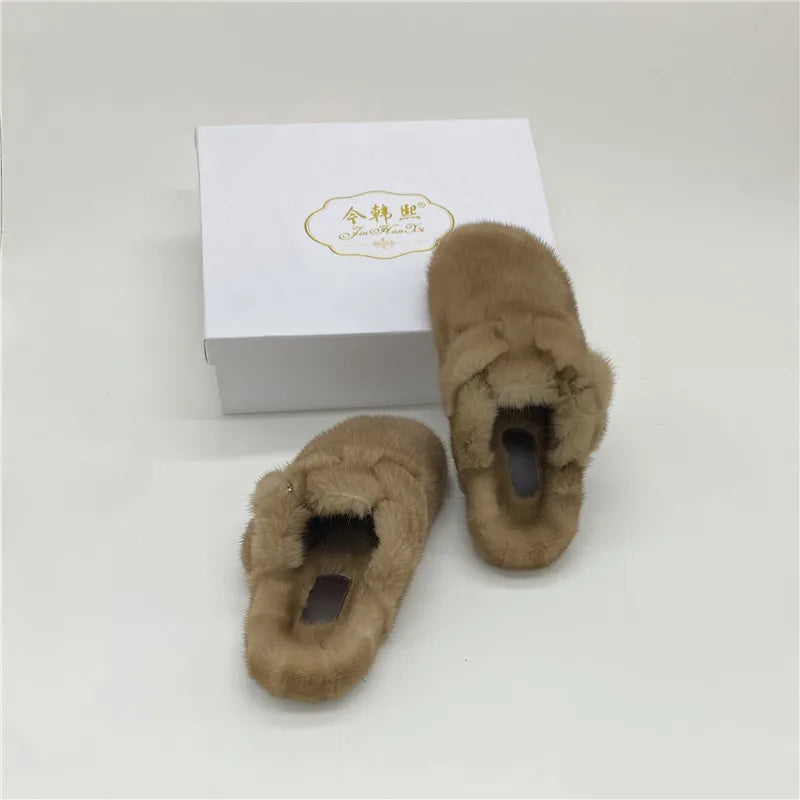Female Luxury Real Mink Fur Slippers, Women's Clogs, Slip-on Casual Winter Shoes, Mules Shoes Women Luxury Designer Mink Slipper