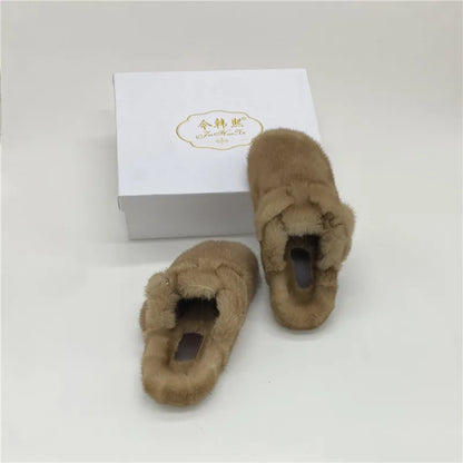 Female Luxury Real Mink Fur Slippers, Women's Clogs, Slip-on Casual Winter Shoes, Mules Shoes Women Luxury Designer Mink Slipper