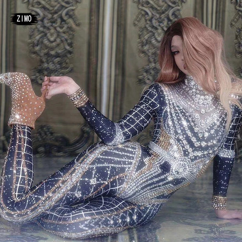 fashion Rhinestones Jumpsuit Crystal Pearl sexy Women Jumpsuits spandex party Nightclub birthday Pole Dance Singer Stage Costume