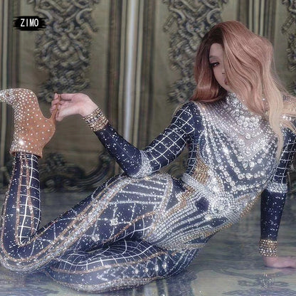 fashion Rhinestones Jumpsuit Crystal Pearl sexy Women Jumpsuits spandex party Nightclub birthday Pole Dance Singer Stage Costume