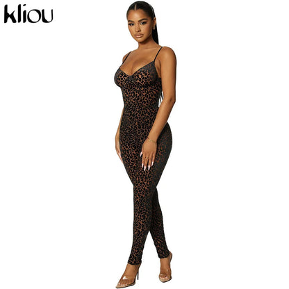 Kliou Flocking Mesh Jumpsuit Women Autumn Sexy Camis Leopard Patchwork Body-Shaping One Piece Clothing Midnight Attire Clubwear