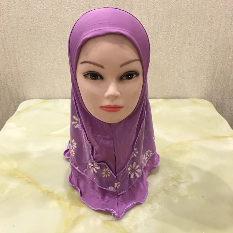 H043 beautiful small girl hijab with flower net cute hijab hats women's caps can fit 2-6 years old girls muslim baby headscarf