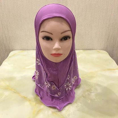 H043 beautiful small girl hijab with flower net cute hijab hats women's caps can fit 2-6 years old girls muslim baby headscarf