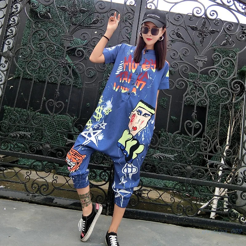 New Women Cartoon Graffiti Printing One Piece Overalls Mandarin Collar Short Sleeve Jumpsuit Hip Hop Design Rompers Baggy Pants