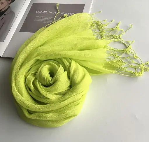 55*180cm Fashion Soft Solid Women 100% Linen Flax Tassel Scarf Summer Travel Sunscreen Long Shawl Elegant Hijab Women Foulard
