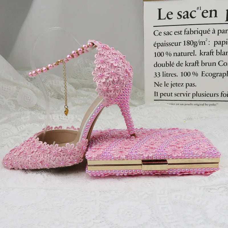 AB Pink Pearl Flower Wedding Shoes With Matching Bags High Heels Pointed Toe Ankle Strap Ladies Party Shoe and Bag Set