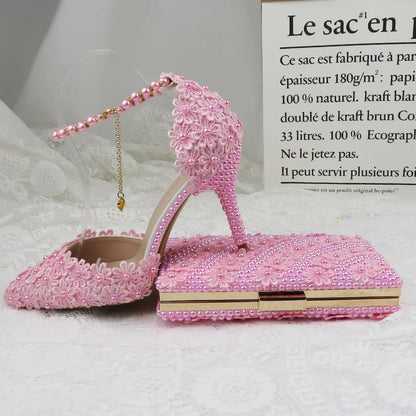 AB Pink Pearl Flower Wedding Shoes With Matching Bags High Heels Pointed Toe Ankle Strap Ladies Party Shoe and Bag Set