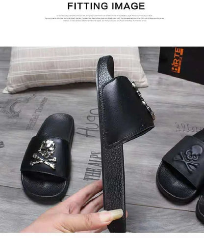 Summer Fashion Men's Leather Slippers Couple Beach Shoes Skull Sandals Slippers Antiskid Open Toe Flip Flops Big Size Slides