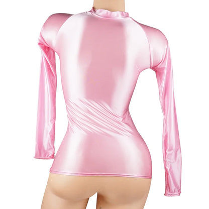 Shiny Long Sleeves Bodysuit Women Glossy Sportswear High Neck Gym Suit Sexy Transparent Leotards Compression Shirt Bathing Top