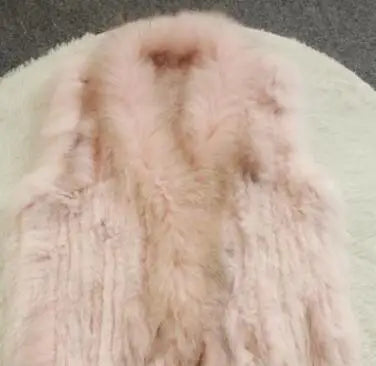 new fashion rabbit fur vest knit rabbit vest 80cm long style for women raccoon fur collar trim fur waistcoat pocket decoration