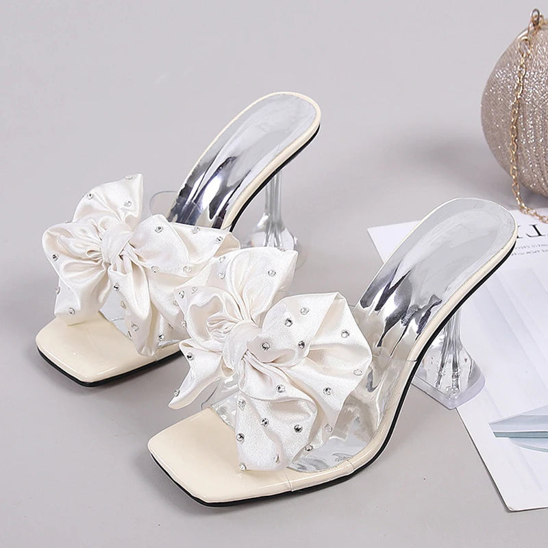 2026 New Fashion Crystal Bow High Heels Slippers Shoes Woman Sexy PVC Transparent Sandals Women Slides Open Toe Pumps Blue Black