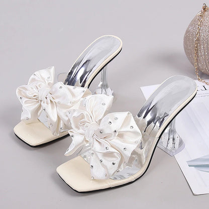 2026 New Fashion Crystal Bow High Heels Slippers Shoes Woman Sexy PVC Transparent Sandals Women Slides Open Toe Pumps Blue Black