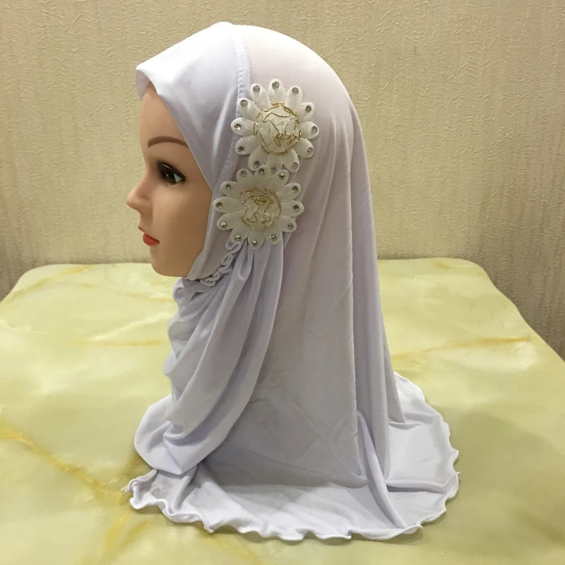 H081 beautiful small girl hijab with flowers cute hijab hats women's caps can fit 2-6 years old girls