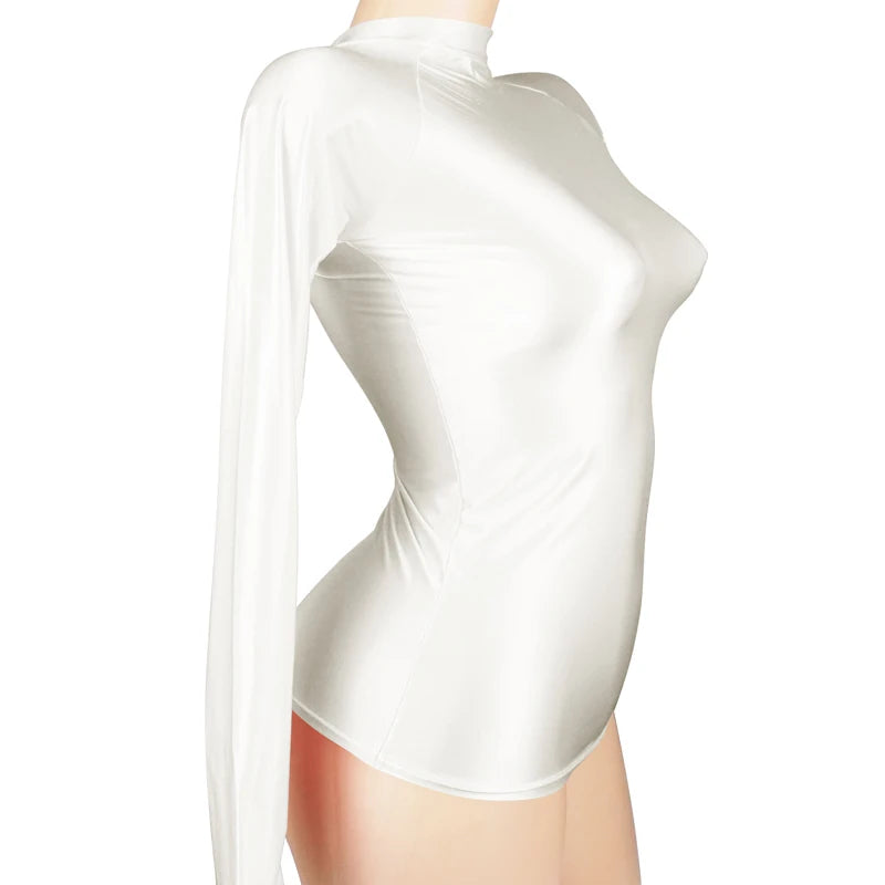 Shiny Long Sleeves Bodysuit Women Glossy Sportswear High Neck Gym Suit Sexy Transparent Leotards Compression Shirt Bathing Top