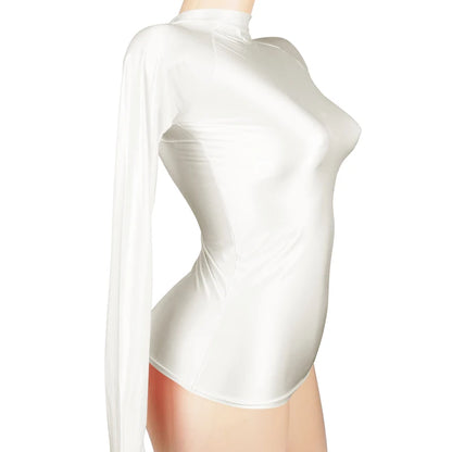 Shiny Long Sleeves Bodysuit Women Glossy Sportswear High Neck Gym Suit Sexy Transparent Leotards Compression Shirt Bathing Top