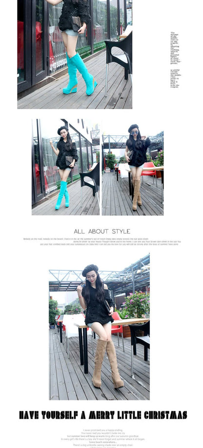 Flock Stitching Sequined Cloth Wedges Women's Knee-Length Boots Inner Heightening Platform Flat-Bottomed Winter Long Boots