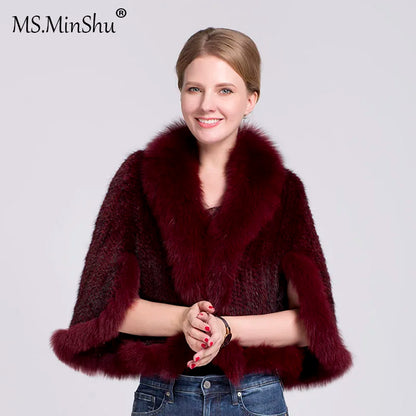 Ms.MinShu-Natural Mink Fur Poncho for Women, Trimmed Mink Fur Coat, Fox Fur Collar, Sleeveless, Woven Jacket, Outwear