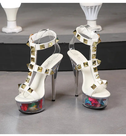 Women's Platform Sandals Rivet Pull Sandals Transparent High Heel 13CM Slim Heel Summer Waterproof Table LFD-1099-36