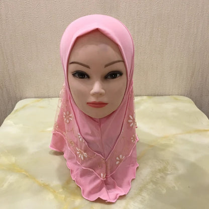 H043 beautiful small girl hijab with flower net cute hijab hats women's caps can fit 2-6 years old girls muslim baby headscarf