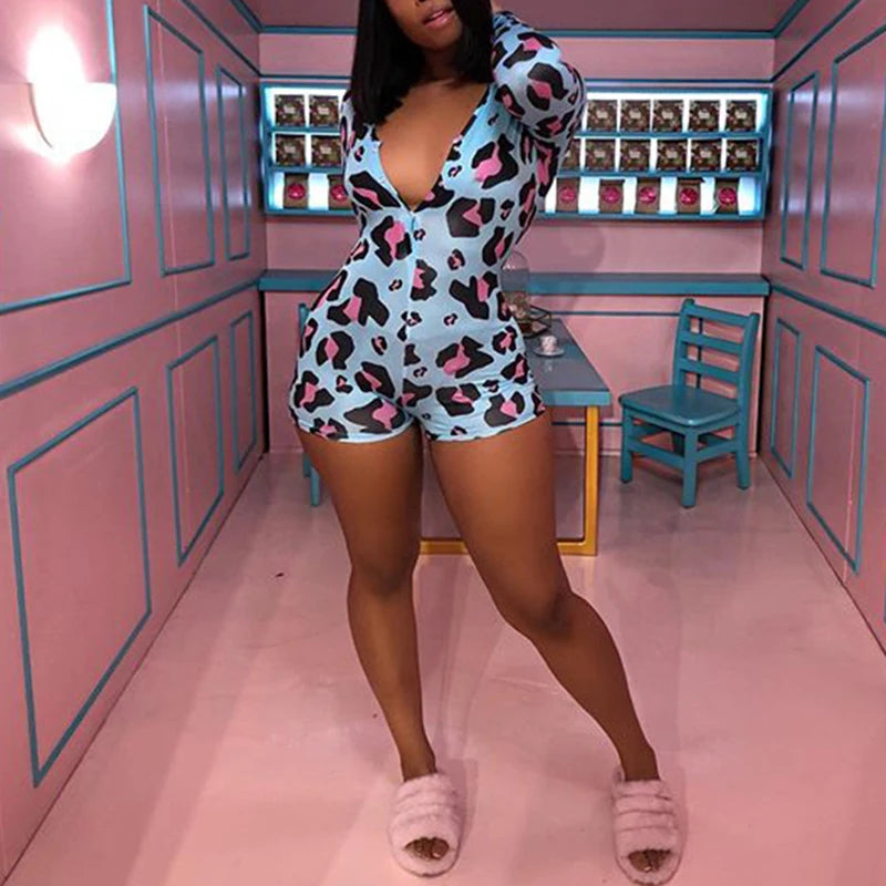 OMSJ 2026 Spring Sexy Women Purple Leopard Print Elegant Sleepwear Pajamas Onesies Long Sleeve Bodycon Short Jumpsuits Nightwear