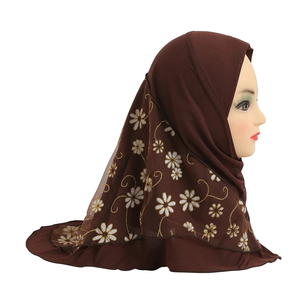 H043 beautiful small girl hijab with flower net cute hijab hats women's caps can fit 2-6 years old girls muslim baby headscarf