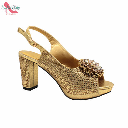 Buckle Strap Sandals Nigerian Women Shoes and Bag Set in Yellow Color with Shinning Crystal Italian Lady Shoes and Bag for Party