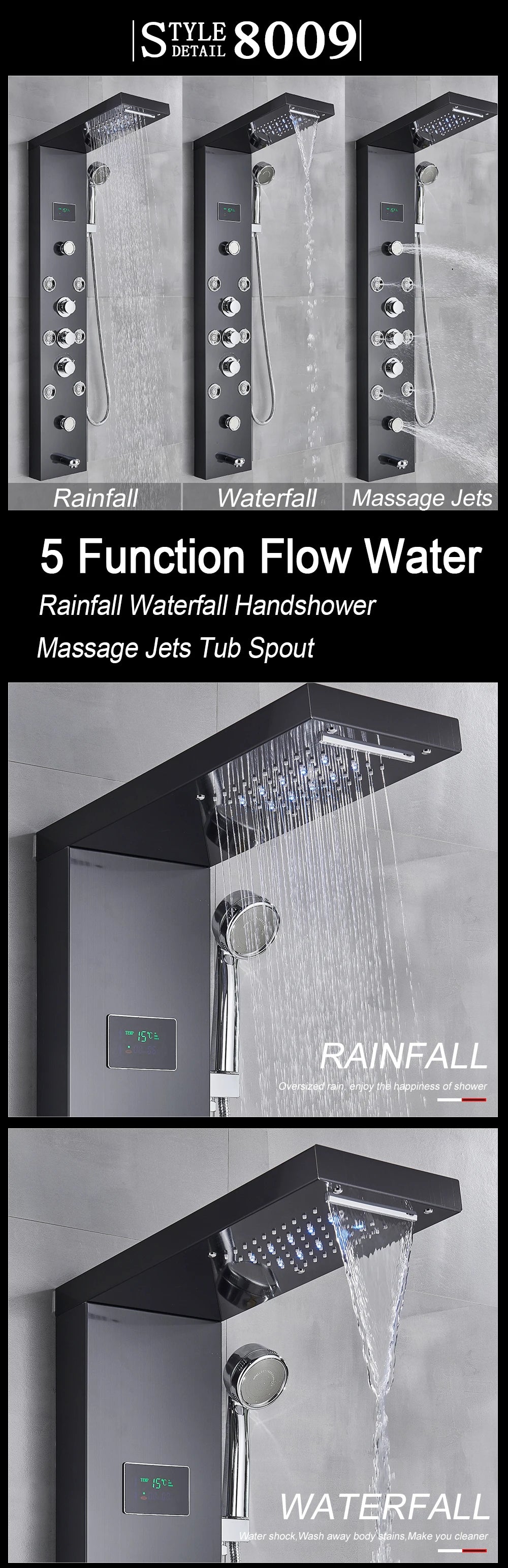 LED Light Shower Panel Waterfall Rain Digital Display Shower Faucet Set SPA Massage Jet Bathroom Column Mixer Tap Tower System