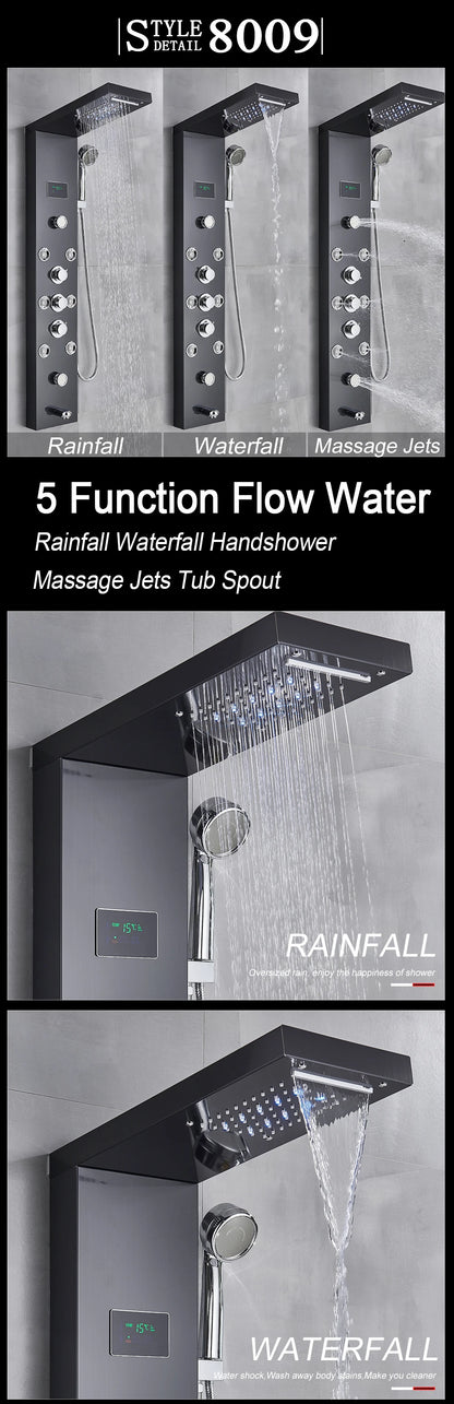 LED Light Shower Panel Waterfall Rain Digital Display Shower Faucet Set SPA Massage Jet Bathroom Column Mixer Tap Tower System
