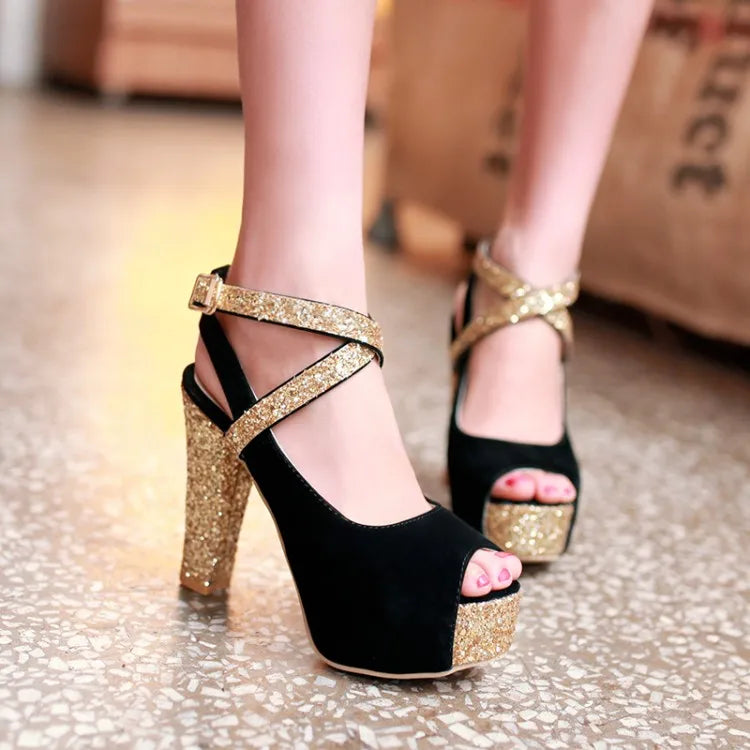 12CM High Heel Thick Heel Sandals Spring and Summer New Style Buckle Fish Mouth Women's Shoes Black Blue Plus Size 32-43