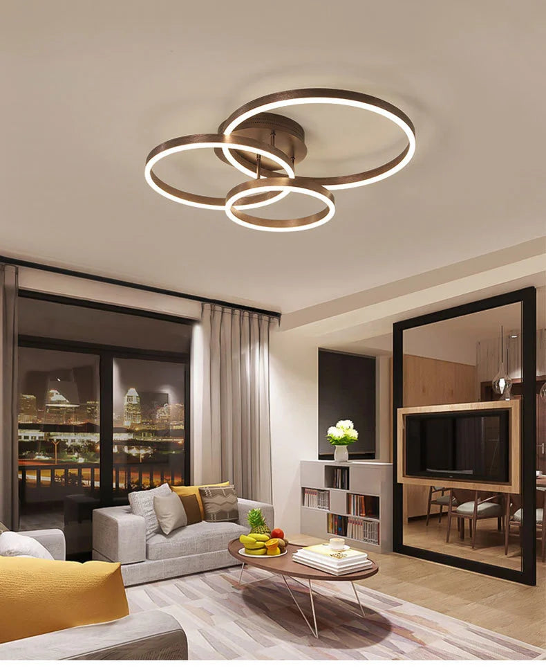 Nordic Creative Round Circle Chandeliers For Bedroom Living Room Restaurant Lighting Golden Coffee Lustre Ring Ceiling Lights