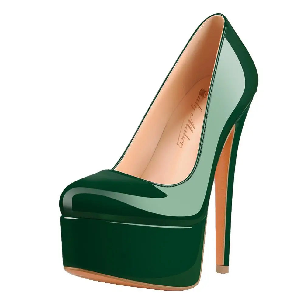 Onlymaker Women Platform Round Toe Pumps  Slip On Stiletto  Black Patent High Heels  Wedding Party Plus Size Sexy Shoes