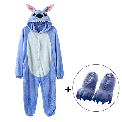 Anime Kigurumis Onesies With Slippers Overalls Adult Women Men Blue Animal Pajama Button Zipper Jumpsuit Funny Outfit XXL Suit