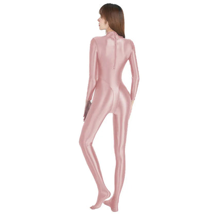 AMORESY Sexy Shiny Long Sleeve Full Length Oil Tights Smooth Leotard Running Overall Yoga Zentai Casual Sport Jumpsuits Catsuits