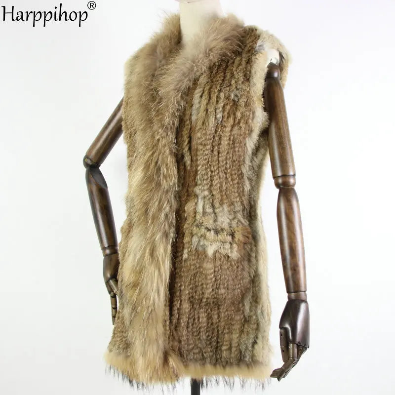 new fashion rabbit fur vest knit rabbit vest 80cm long style for women raccoon fur collar trim fur waistcoat pocket decoration