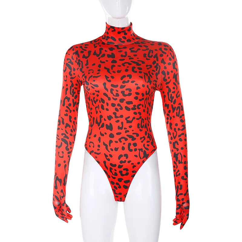 OMSJ Hot Selling Trendy Hipster Turtleneck Rompers For Women Full Sleeve Connection Gloves Leopard Print Streetwear Y2k Body Top
