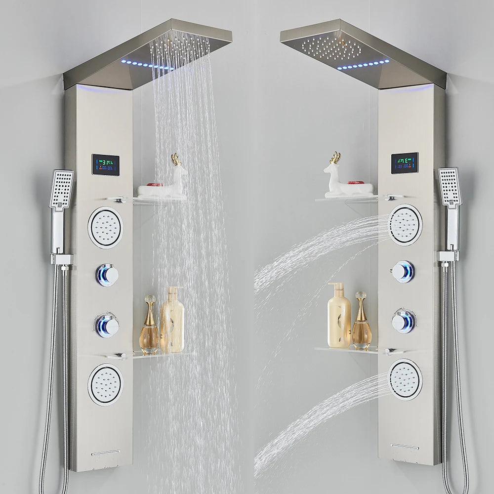LED Light Shower Panel Waterfall Rain Digital Display Shower Faucet Set SPA Massage Jet Bathroom Column Mixer Tap Tower System