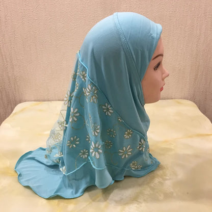 H043 beautiful small girl hijab with flower net cute hijab hats women's caps can fit 2-6 years old girls muslim baby headscarf