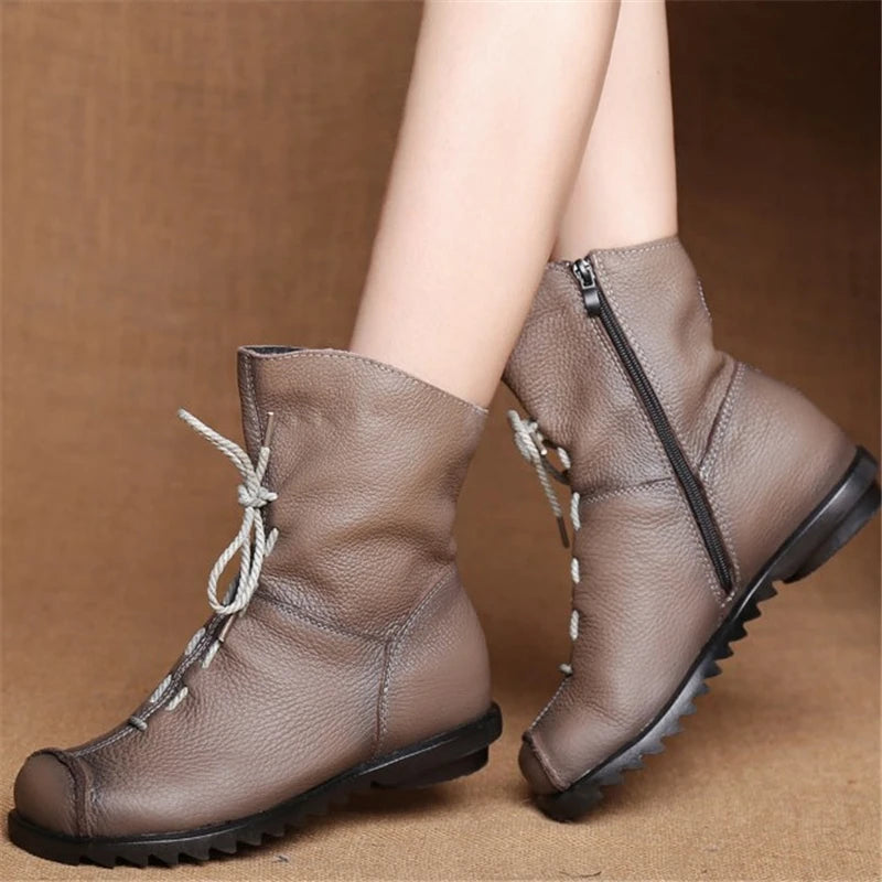 JIANBUDAN/ Genuine Leather Plush Women's Short Boots Retro Casual Autumn Winter Women's Boots Waterproof Leather Warm Snow Boots